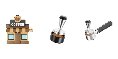 3D Icons of Coffee Shop Building and Barista Tamping Tools