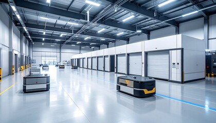 Autonomous Vehicles Moving Inside A Modern Warehouse With Industrial Architecture