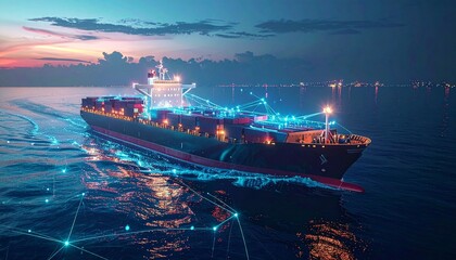 Cargo Ship Sailing Through Ocean Waters Illuminated With Digital Network During Twilight