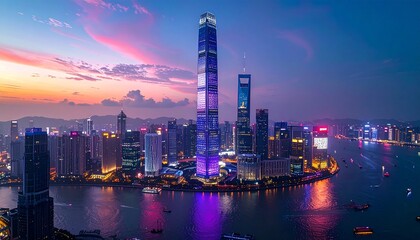 City Skyline Illuminated At Sunset Showing Skyscrapers And River In Guangzhou China