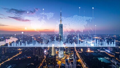 Cityscape at Dusk with Digital Overlay of World Map and Data Visualization Illuminated Towers Under a Vibrant Sky