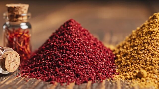 Bright Still Life with Saffron Threads and Sumac Powder in Small Glass Bottles on Rustic Brown Wood Background