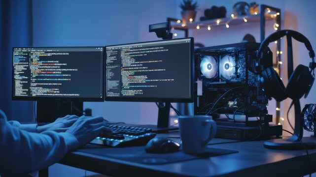 Person Coding on Dual Monitor Setup in Blue Lit Room at Night