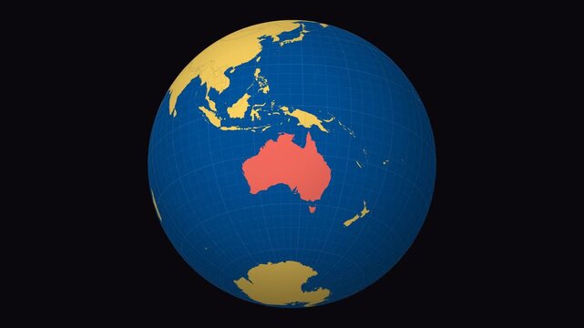 Australia on Globe. Animated zoom into the country in Ocean Blue Golden Yellow color palette. Australia logo animation. Map with meridians, parallels. Amazing video.