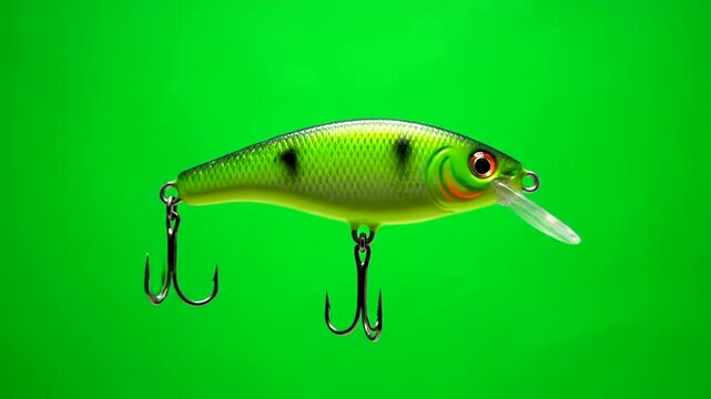 Detailed close-up of a fishing lure against a vibrant green background.