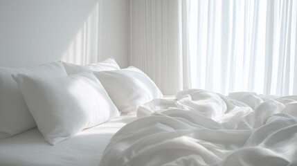 Luxury hotel style white bed with fluffy pillows and soft morning light for weekend relaxation concept