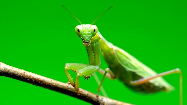 Detailed Close-Up of a Praying Mantis on a Branch with Green Background.