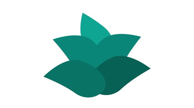 A single green stylized plant or lotus flower sits centered on a white backdrop featuring layered curved petals that create a symmetrical floral icon