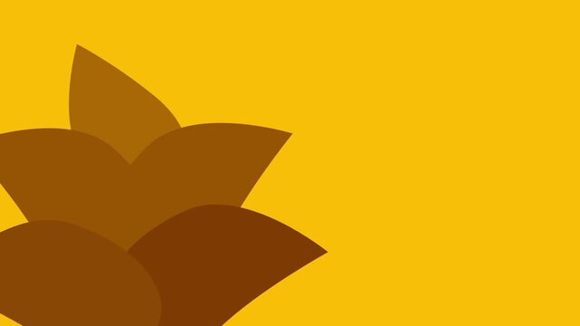 Large brown stylized leaf shapes are layered on the right side of a bright orange background providing a warm and autumnal graphic design composition