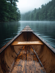 A serene wooden bridge stretches over a calm lake where a lone canoe floats peacefully, capturing the reflection of the forest and sky during a tranquil summer vacation in nature