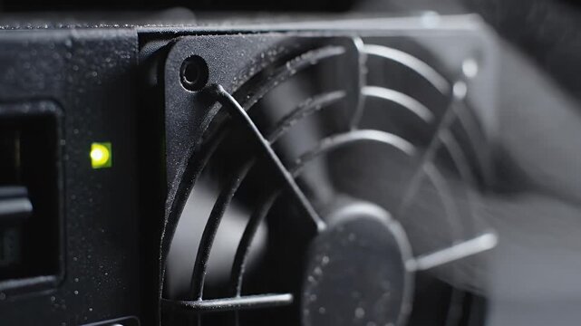 Close up Black Cooling Fan Expelling Hot Air in Enclosed Environment System Component Macro View Ventilation Process