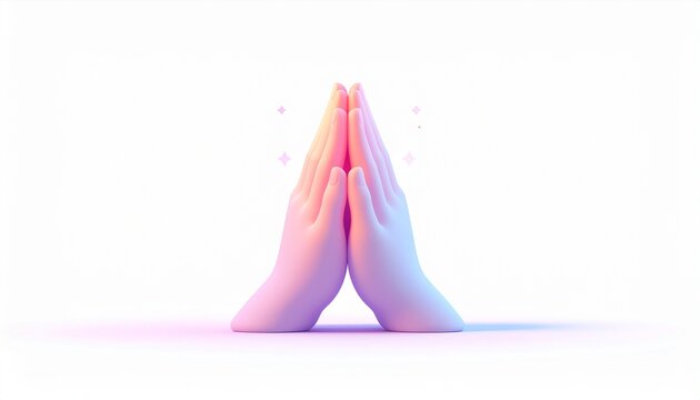 3D render of soft stylized hands folded in prayer or greeting gesture with glowing sparkles on a white background.