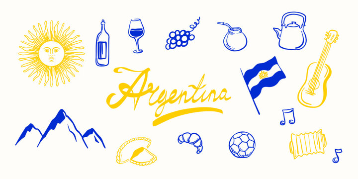 Hand drawn Argentina culture set with national symbols including flag, sun of May, mountains, wine, football and traditional elements. Cute travel doodle vector illustration.