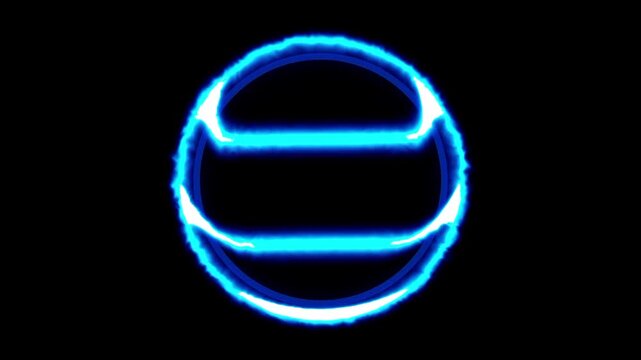 A glowing blue sphere features horizontal bands of light wrapped around its surface giving it the appearance of a high tech or holographic planetoid