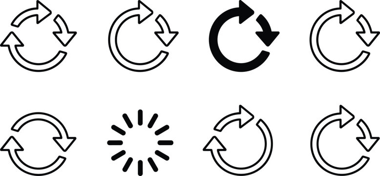 Refresh and loading icons set featuring circular arrows and spinner representing reload update synchronization process vector illustration