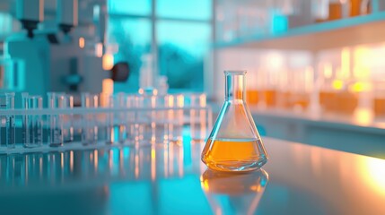 Laboratory Glassware with Colorful Liquid Under Bright Light