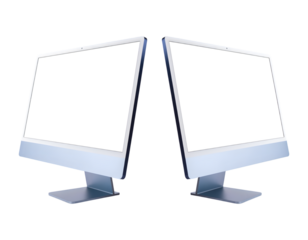 Two blank computer monitors side by side isolated on transparent background