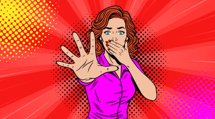 A frightened woman stretched out her hand, covering her mouth in pop art style.