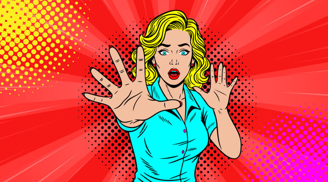 A frightened woman stretched out her hand in pop art style