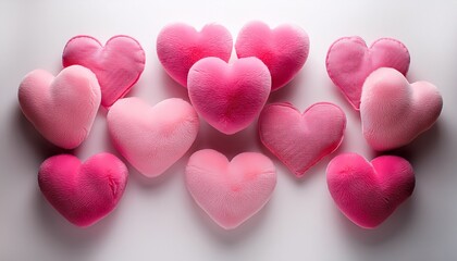 Obraz premium Top view of many pinkHeart shaped plush toys on white background with copy space