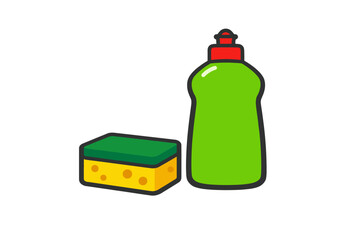 Cartoon dish soap and sponge icon on white background