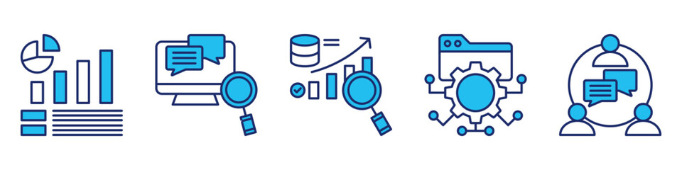 Obraz premium data competence icon set collection, for information analysis concept with icons literacy, finding information, evaluating data, managing data, communication. simple vector blue style illustration