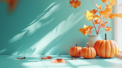 Autumn Decoration with Pumpkins and Orange Leaves on a Turquoise Surface