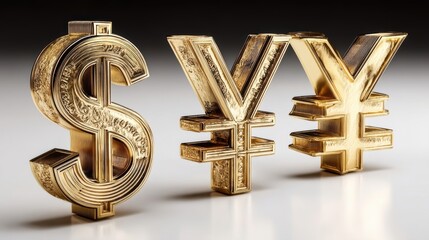 Golden Currency Symbols US Dollar, Euro, and Yen