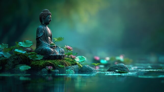 Serene Buddha Statue Amidst Lotus Flowers and Calm Water