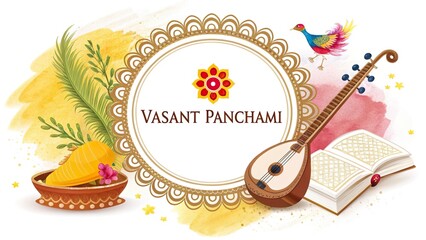 A colorful illustration featuring elements associated with Savant Panoramic, including a sitar (or similar string instrument), an open book, a bowl of mangoes, greenery, and a small bird, all framed.