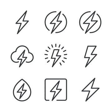Lightning bolt outline icons set vector illustration, editable stroke, power, electricity, thunder, flash, energy, charge symbol collection