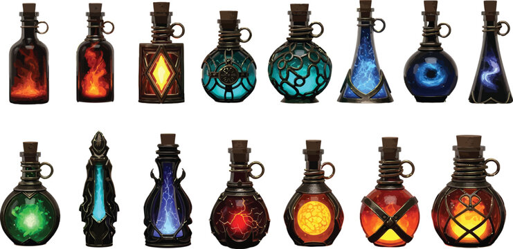 Collection Of Magical Potion Bottles With Glowing Liquids
