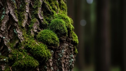 Vibrant green moss on old tree bark in dark forest