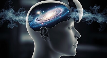 A human head with a galaxy inside it, surrounded by smoke. The concept of human cognition and imagination.