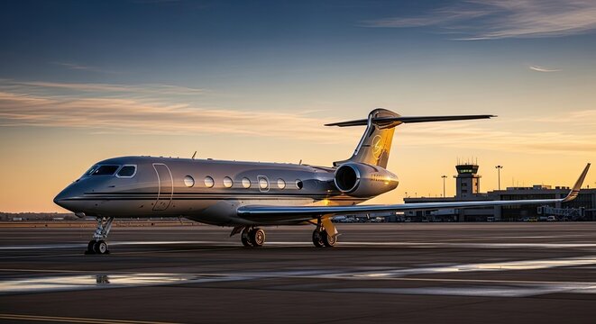 A silver Gulfstream G650 business jet on a runway at an airport, with a control tower in the background.