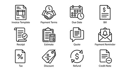 Fototapeta premium Invoice and billing line icons set. Business finance symbols. Payment terms, due date, bill receipt, estimate. Accounting tax discount refund credit note. Financial outline elements.