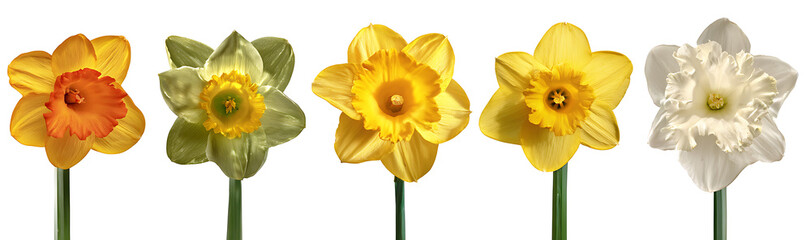 Fototapeta premium Variety of Daffodils and Flowers on White Background