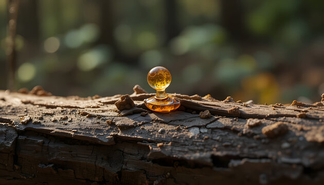 Single amber sap drop hangs on a weathered pine stem