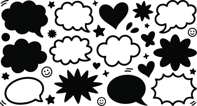 A diverse collection of black and white speech bubbles thought bubbles hearts and star shapes