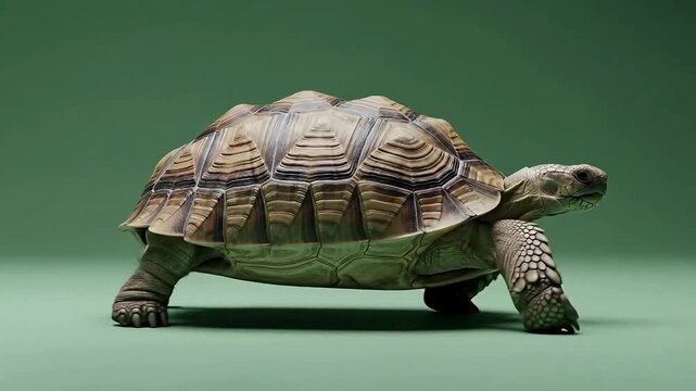 Tortoise walking on green background, slow and steady movement