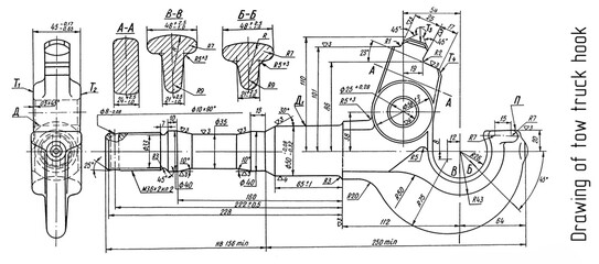 Fototapeta premium Tow truck hook with axle shaft. Engineering automotive assembly mechanical drawing of steel device on paper sheet. Industrial cad scheme. Technology design of machine building industry.