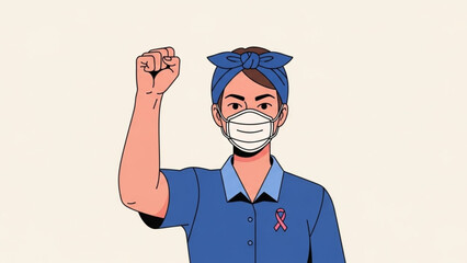 Empowered woman wearing protective face mask and blue uniform with red awareness ribbon fist raised in solidarity and strength