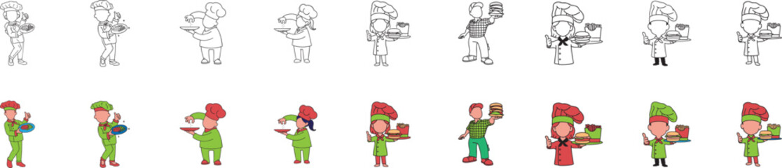 Cartoon Chef and Baker Characters with Food Items Collection