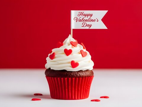 Chocolate cupcake with white frosting and red hearts on Valentines Day flag  sweet treat
