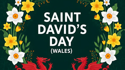 St david's day wales celebration with daffodils and dragons