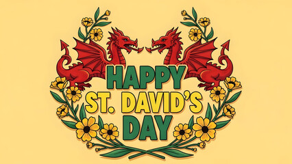 Obraz premium Happy st david's day celebrations with red dragons and welsh flowers