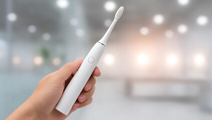 Hand Holding White Electric Toothbrush with Blurred Interior Background