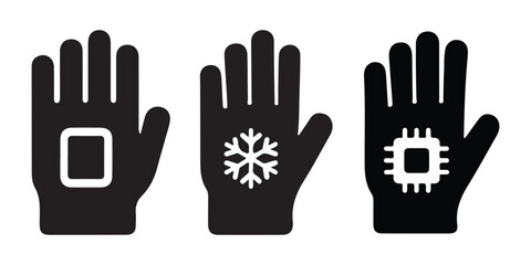 Fototapeta premium Black Gloves with White Icons. Square, Snowflake, Microchip, Technology.