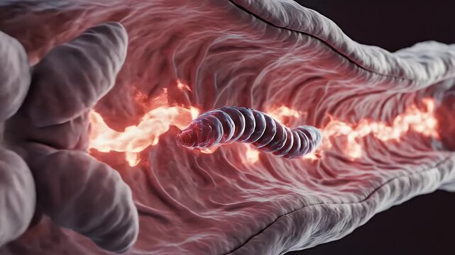 Detailed 3D CGI Animation of a Parasite Migrating Through a Lymphatic Vessel in Red Color for Scientific, Educational
