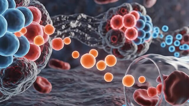 Detailed 3D Rendering of Pancreas Alpha and Beta Cells in Blue Red and Orange Hues for Medical Education and